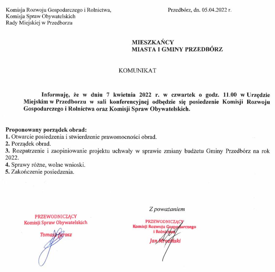 Zawiadomienie o posiedzeniu Komisji Rozwoju Gospodarczego i Rolnictwa oraz Komisji Spraw Obywatelskich