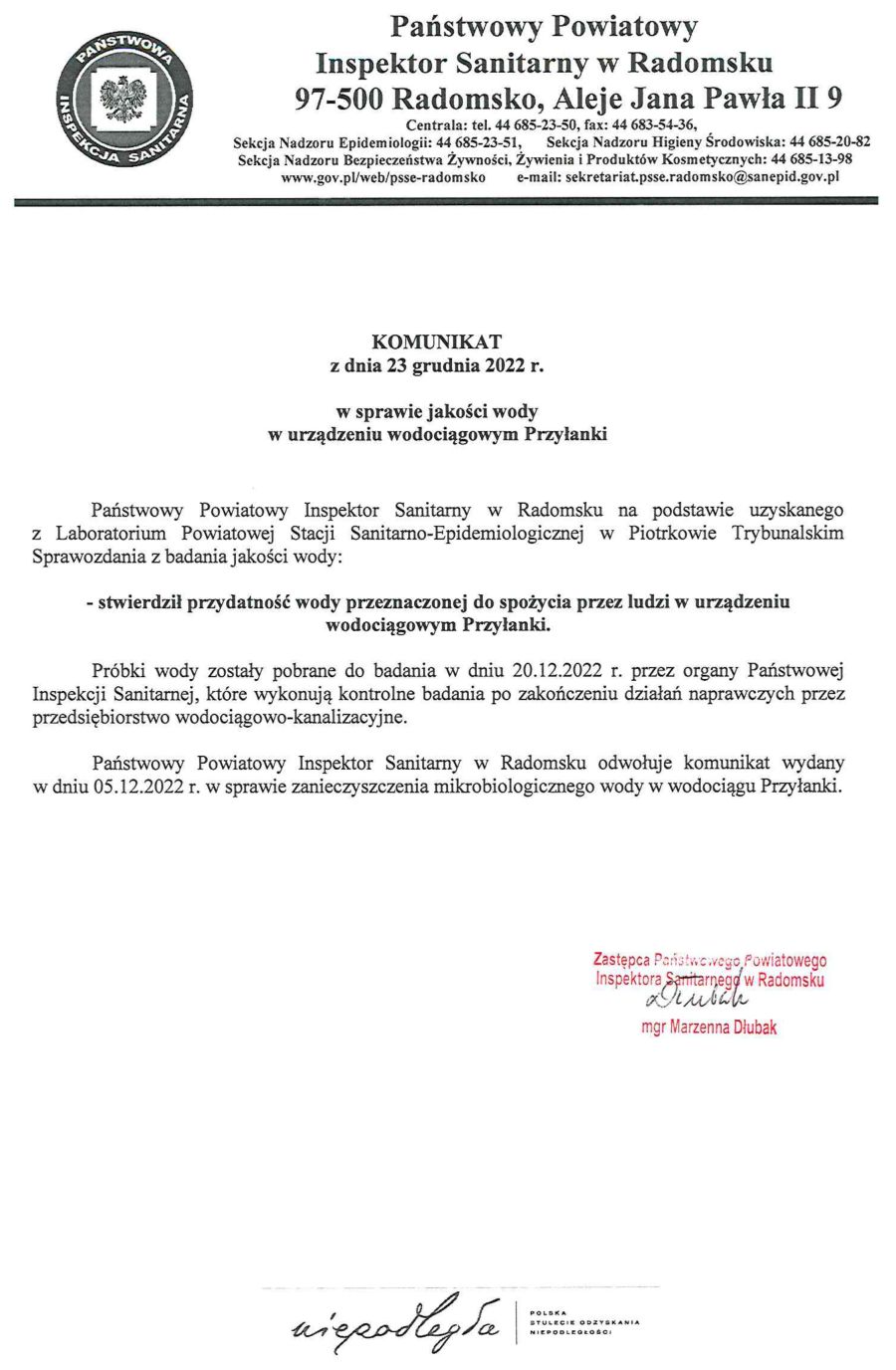 KOMUNIKAT z dnia 23 grudnia 2022 r. w sprawie jakości wody w urządzeniu wodociągowym Przyłanki PPIS - stwierdził przydatność wody przeznaczonej do spożycia przez ludzi w urządzeniu wodociągowym Przyłanki