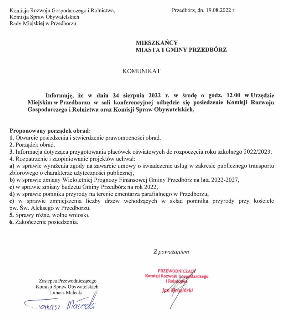 Zawiadomienie o posiedzeniu Komisji Rozwoju Gospodarczego i Rolnictwa oraz Komisji Spraw Obywatelskich