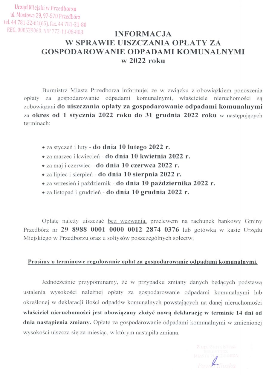 Informacja w sprawie uiszczania opłaty za gospodarowanie odpadami komunalnymi w 2022 roku