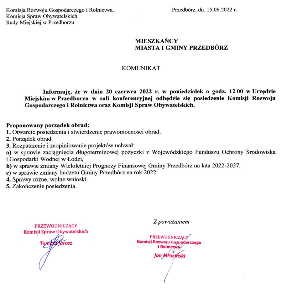 Zawiadomienie o posiedzeniu Komisji Rozwoju Gospodarczego i Rolnictwa oraz Komisji Spraw Obywatelskich