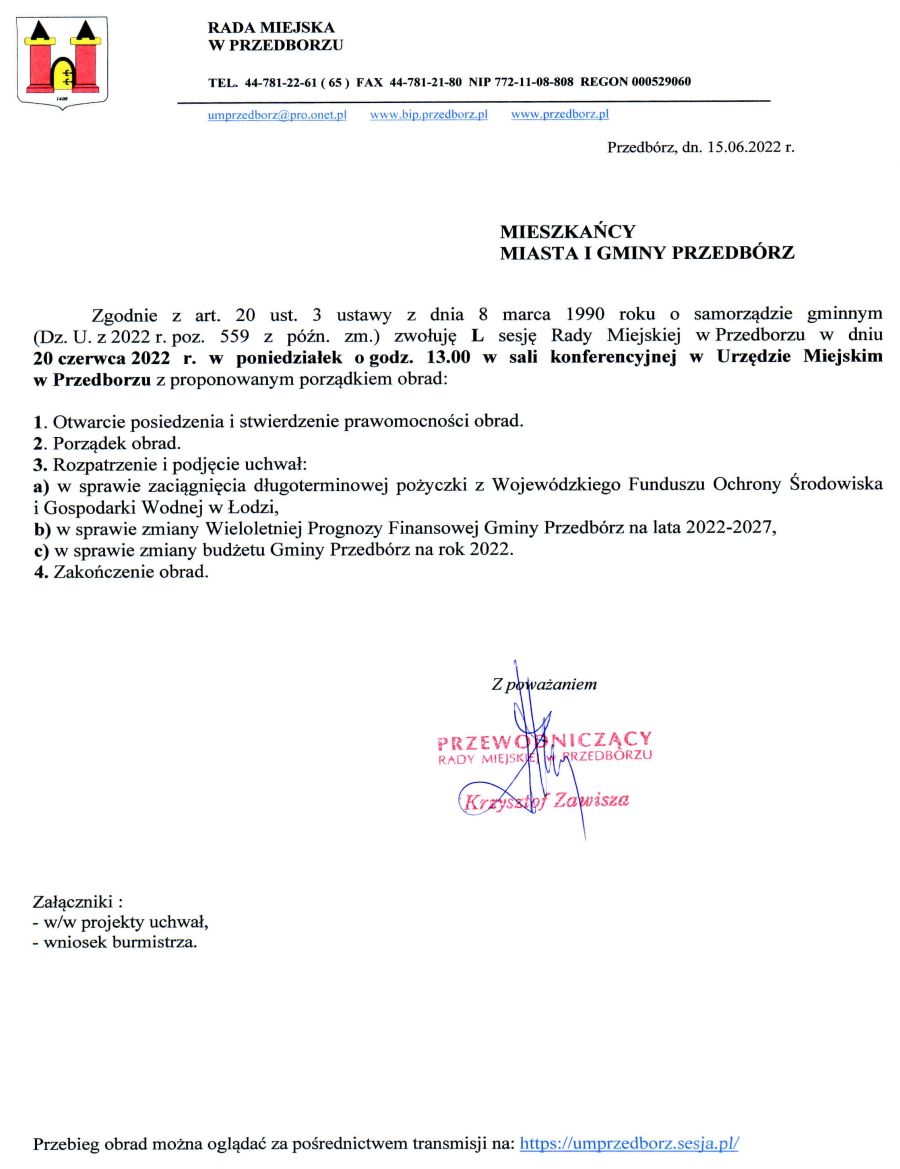 Zawiadomienie o L nadzwyczajnej sesji Rady Miejskiej w Przedborzu