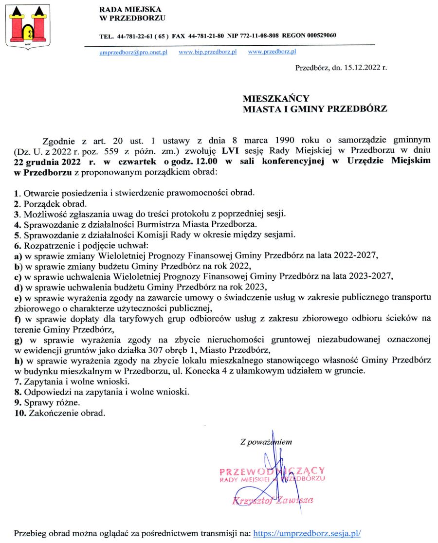 Zawiadomienie o LVI sesji Rady Miejskiej