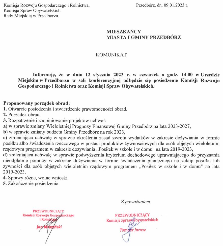 Zawiadomienie o posiedzeniu Komisji Rozwoju Gospodarczego i Rolnictwa oraz Komisji Spraw Obywatelskich