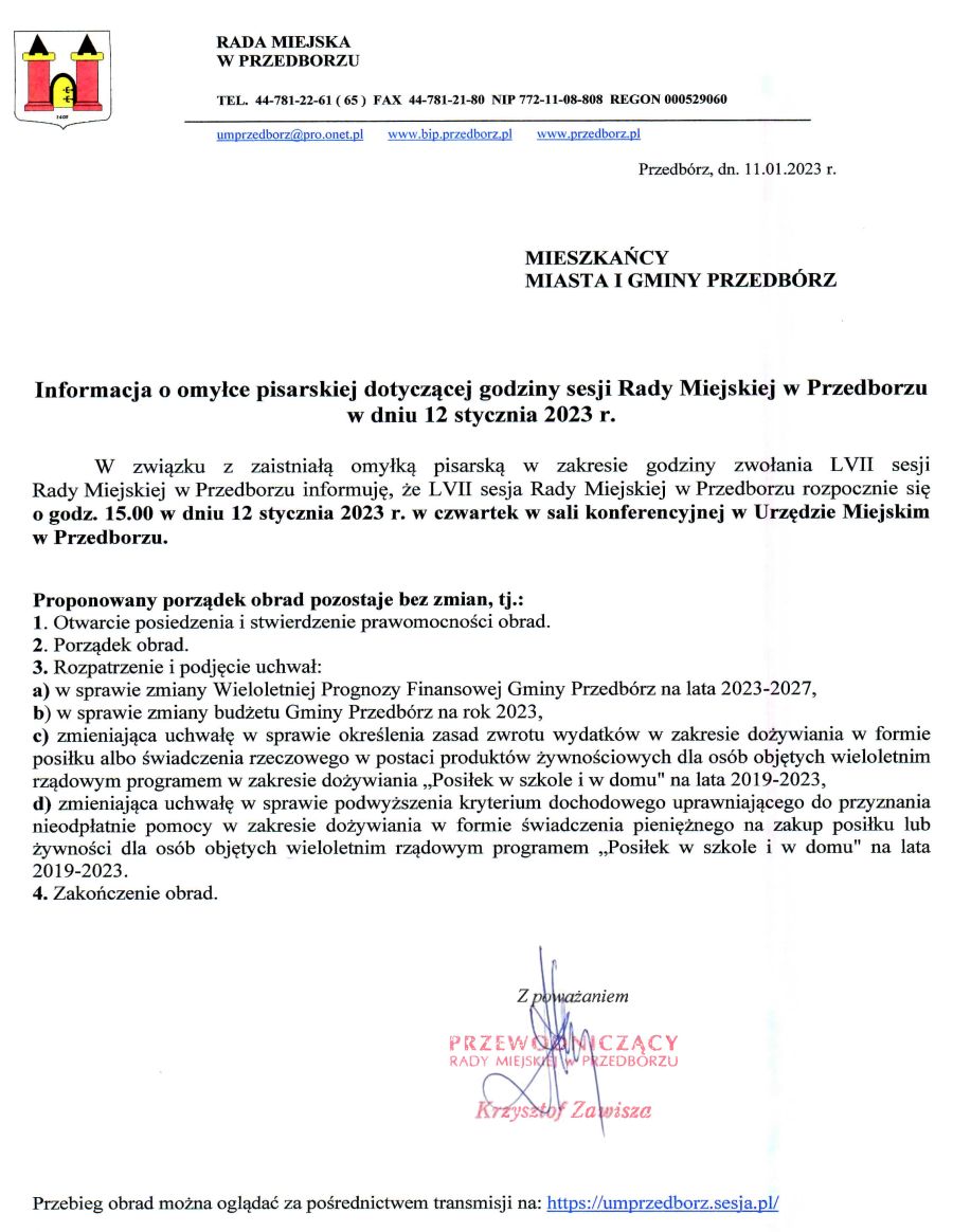 Informacja o omyłce pisarskiej dotyczącej godziny sesji Rady Miejskiej w Przedborzu w dniu 12 stycznia 2023 r.