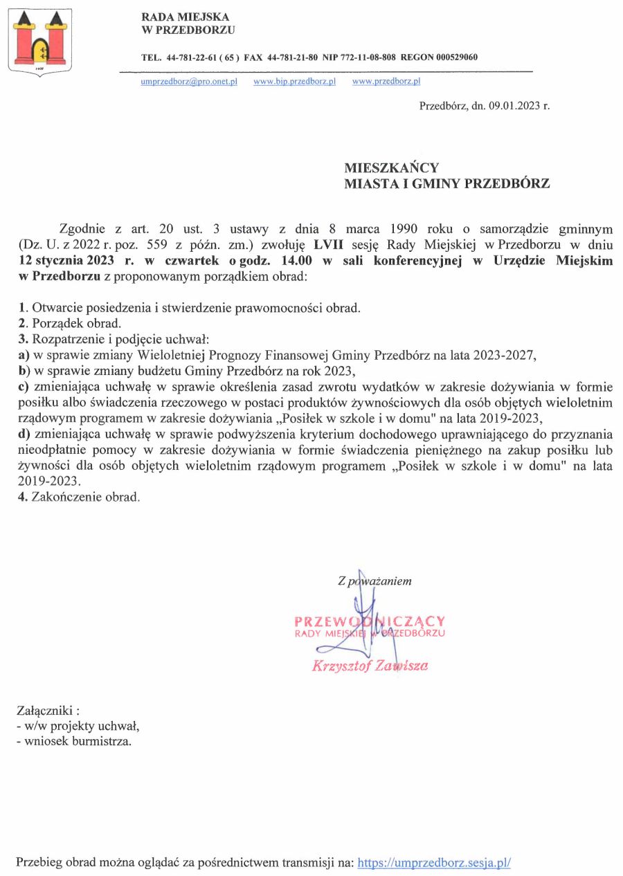 Zawiadomienie o LII nadzwyczajnej sesji Rady Miejskiej w Przedborzu